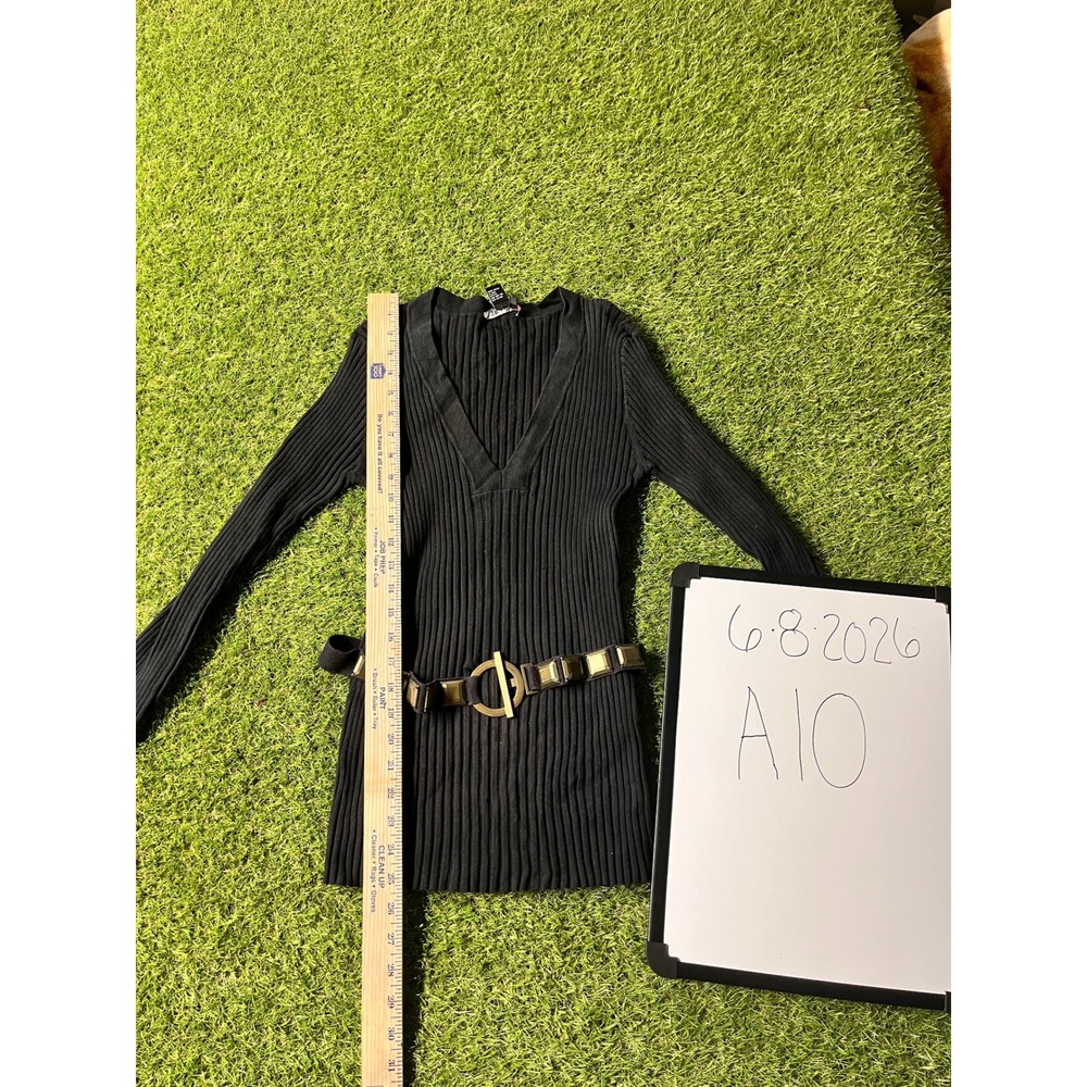 Tracy M Womens Black Ribbed V-Neck Tunic Sweater Studded‎ Belt Y2K 90s Large